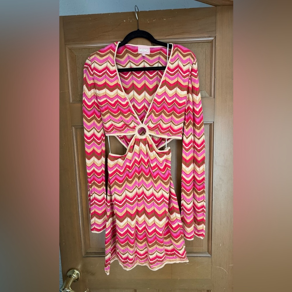 Show Me Your MuMu Carlo Pink, Cream & Tan Chevron Cutout Mini Dress Size Small